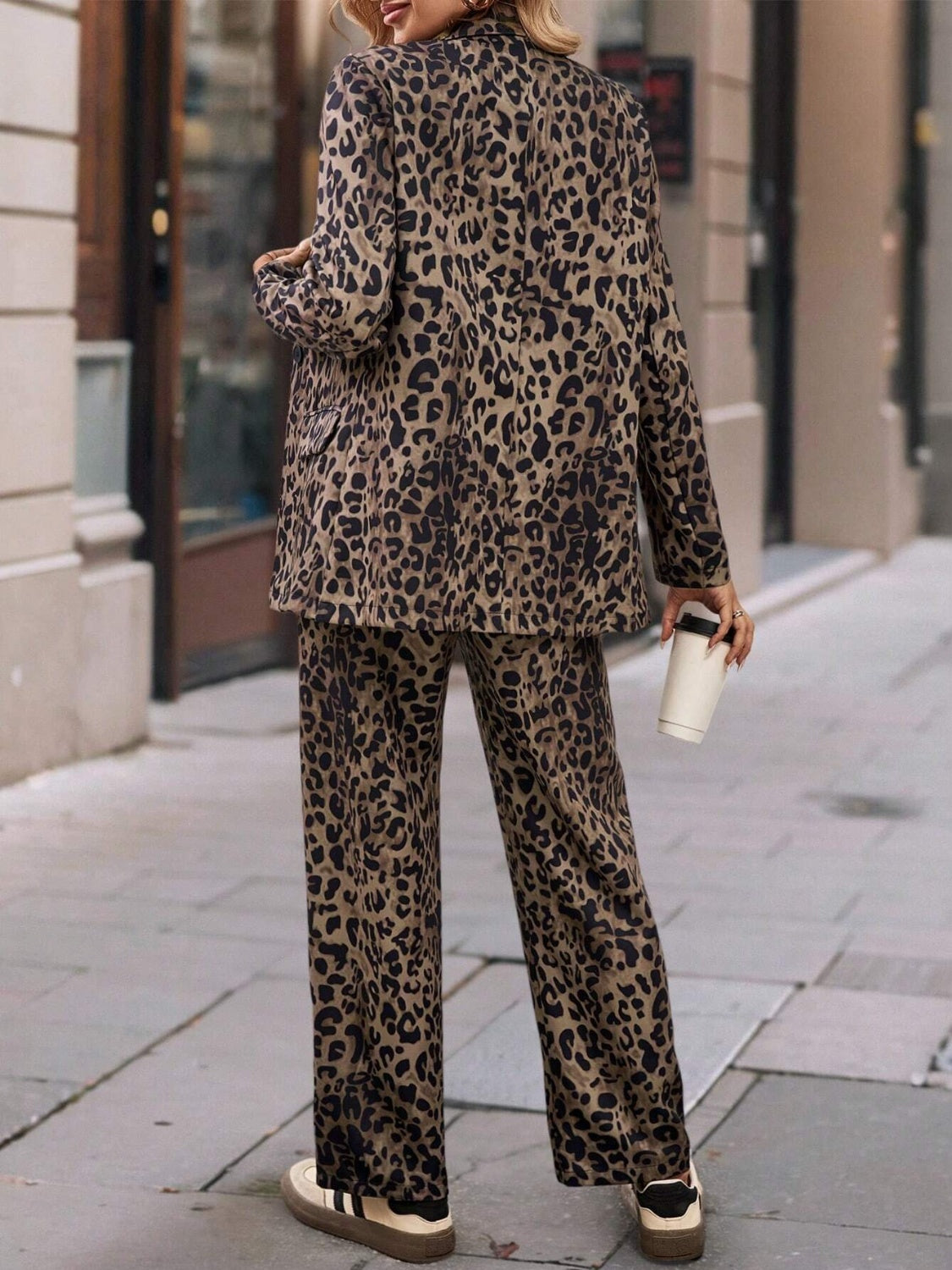 Full Size Leopard Lapel Collar Long Sleeve Blazer and Pants Set