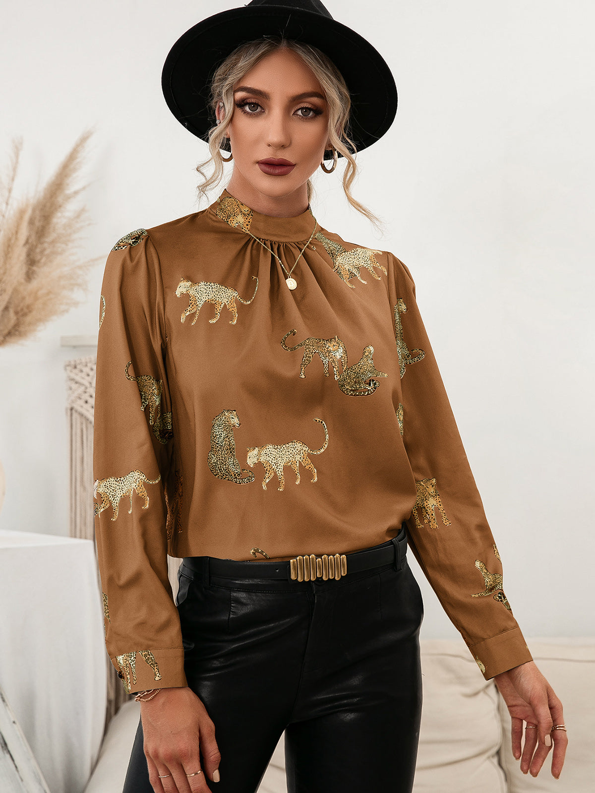 Ivy Lane Leopard Graphic Mock Neck Puff Sleeve Blouse