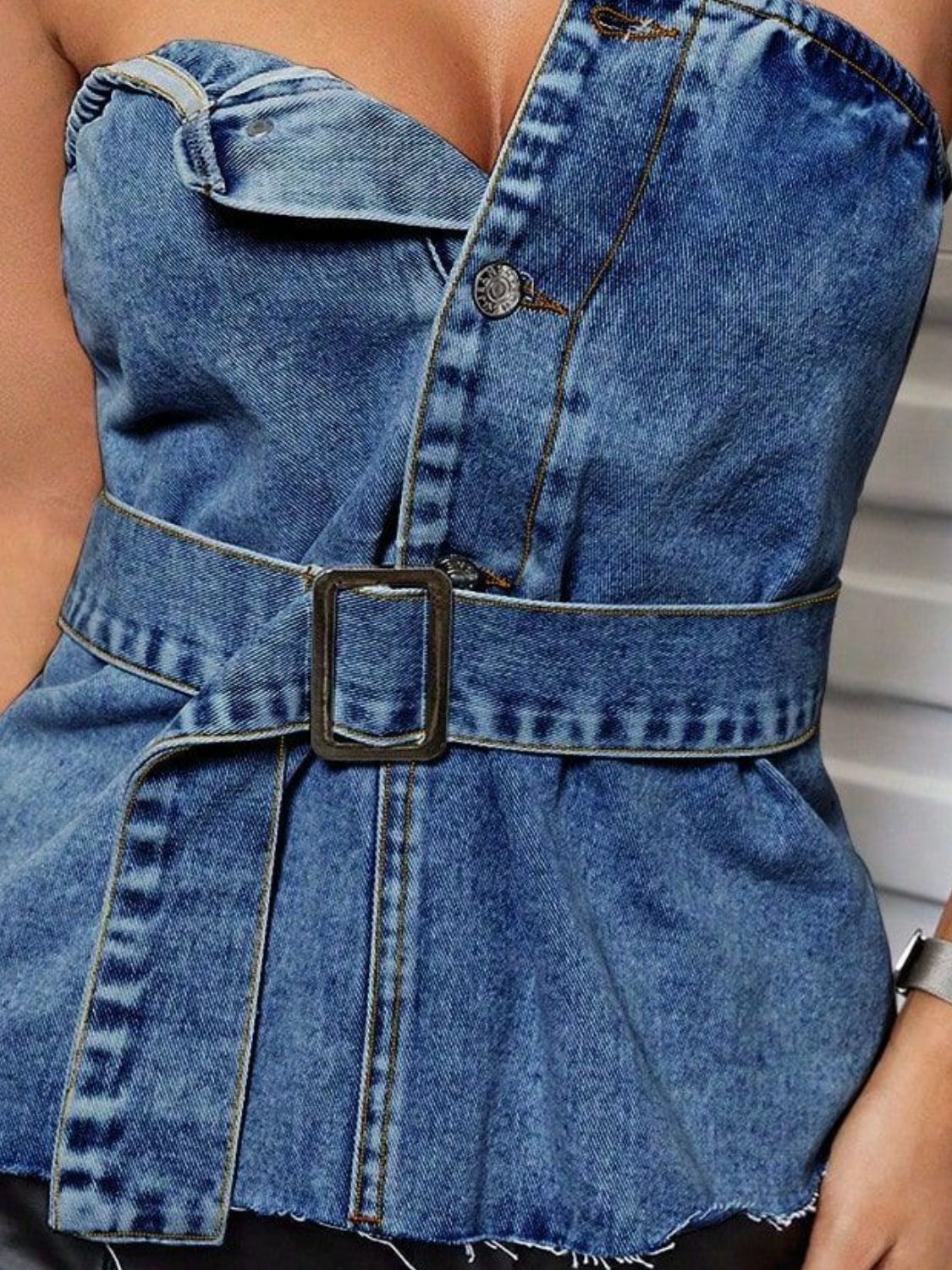 Buttoned Raw Hem Tube Denim Top