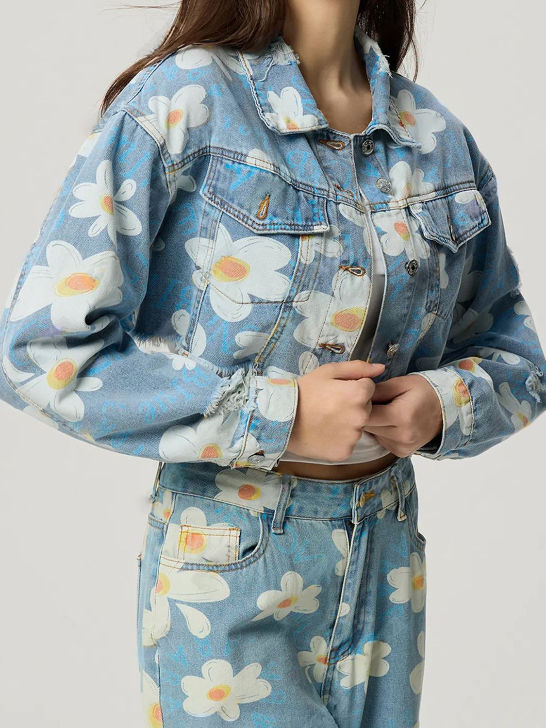 Distressed Raw Hem Floral Collared Neck Denim Top